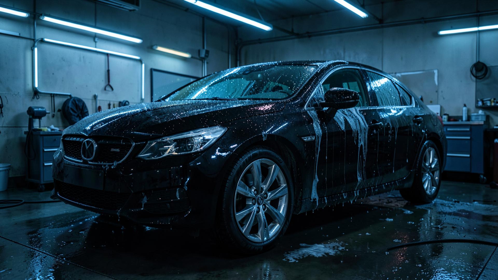A black car being hand washed in the ACI Autos detailing bay